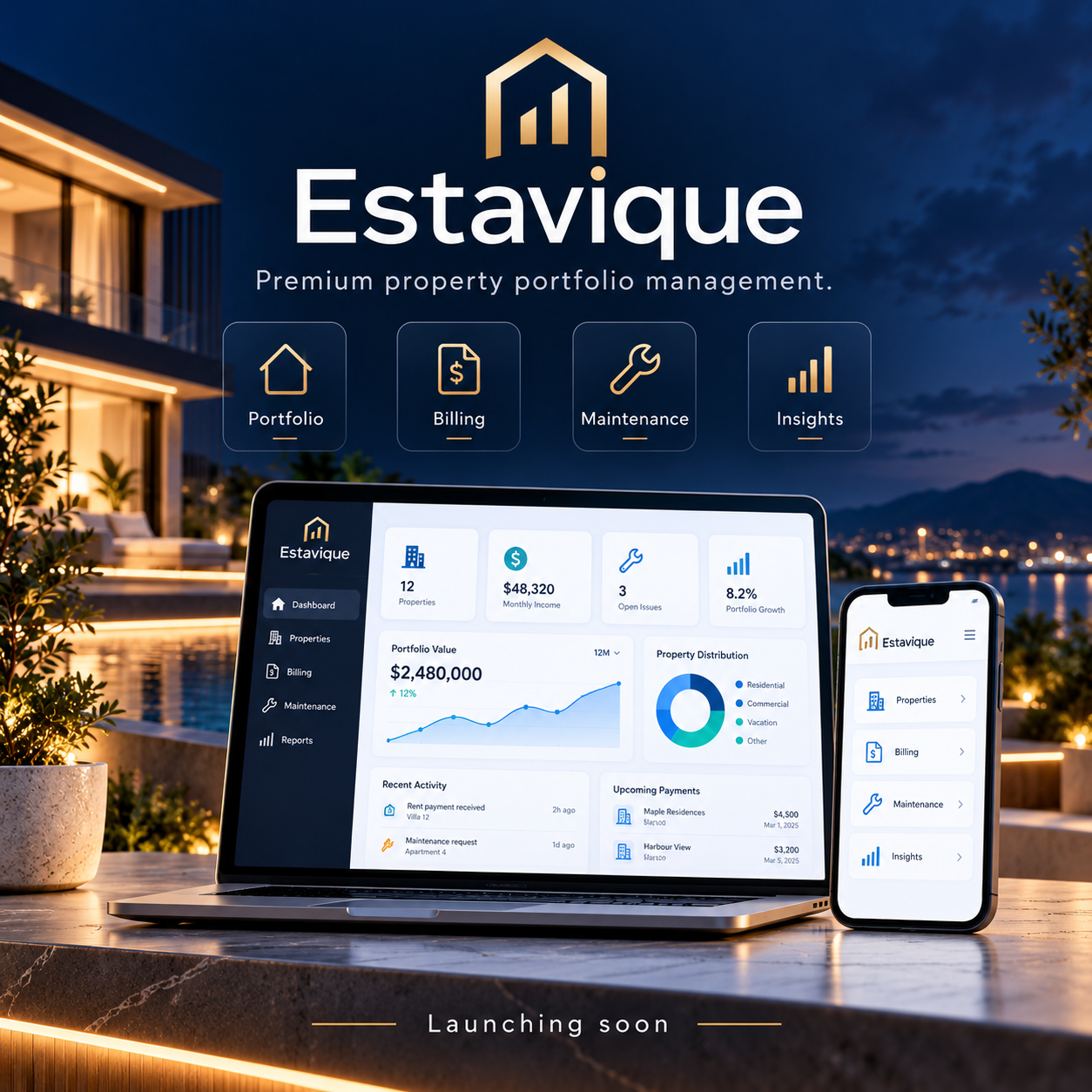 Estavique property portfolio dashboard concept on a laptop and mobile device